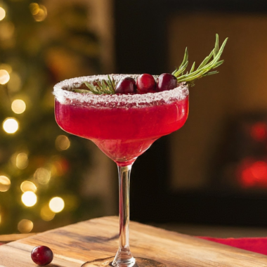 A photo of a holiday margarita with cranberries
