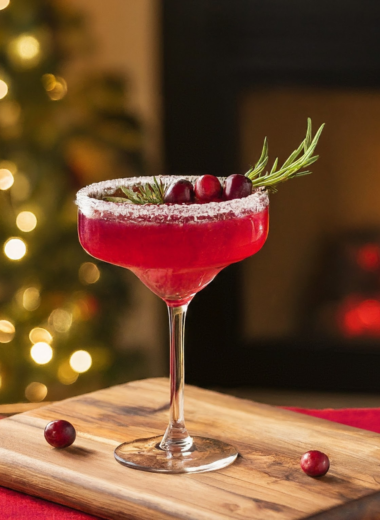 A photo of a holiday margarita with cranberries